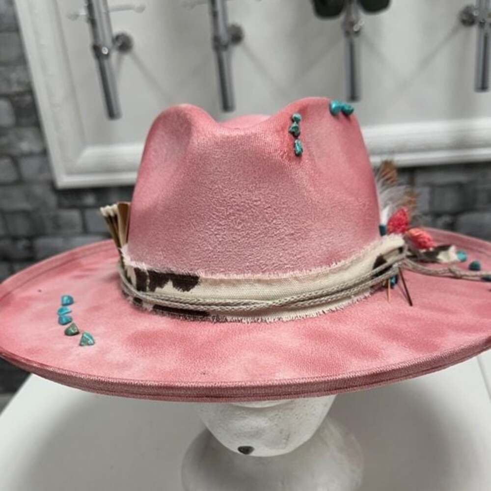 Pink Fedora Hat with Feather and Bead Accents